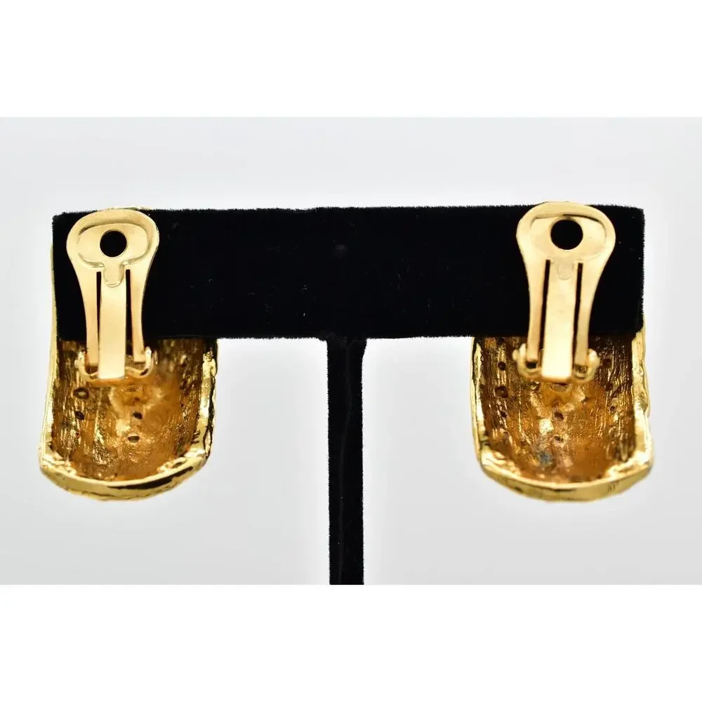 Vintage Crystal Clip On Earrings Black Enamel Rhinestone Gold Chunky 1980s BinBK